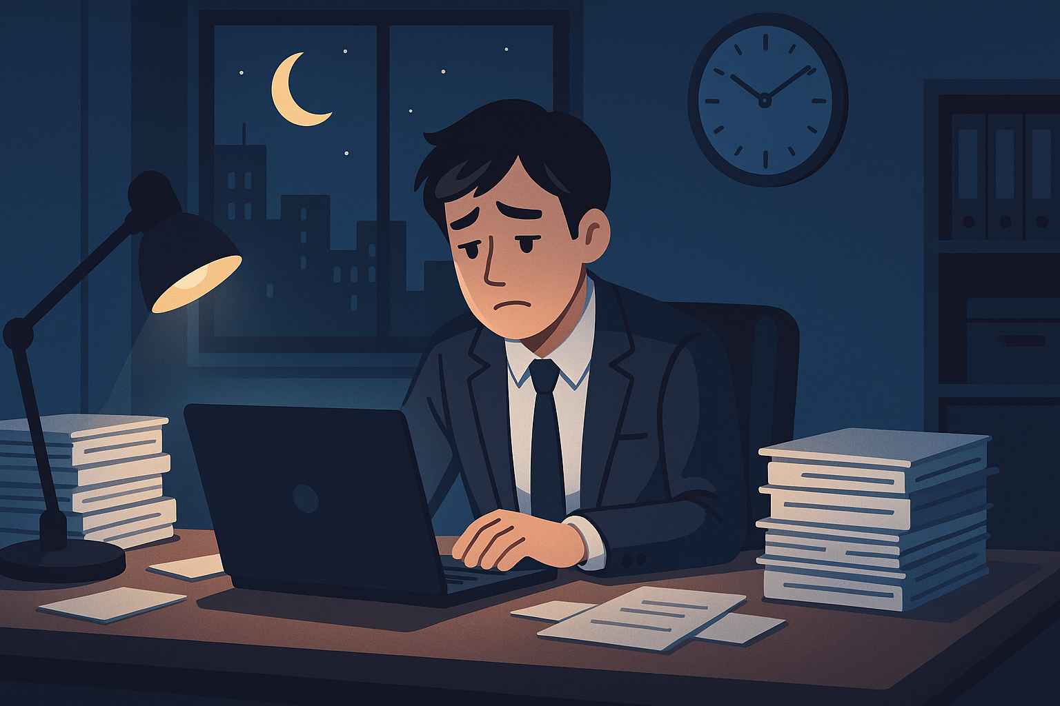 夜のオフィスで仕事をしている男性
