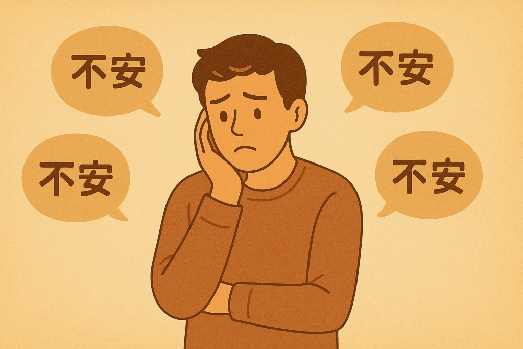 「どうしよう…」「またダメ出しされるかも…」といった不安の吹き出しに囲まれ、俯いている人物のイラスト。