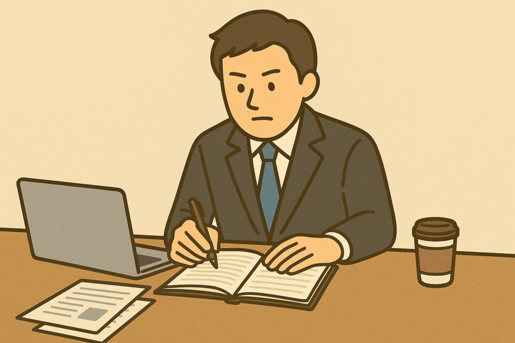 ノートパソコンに向かい、自己評価シートに自分の成果や考えを真剣な表情で、しかし少し前向きに記入している人物のイラスト)