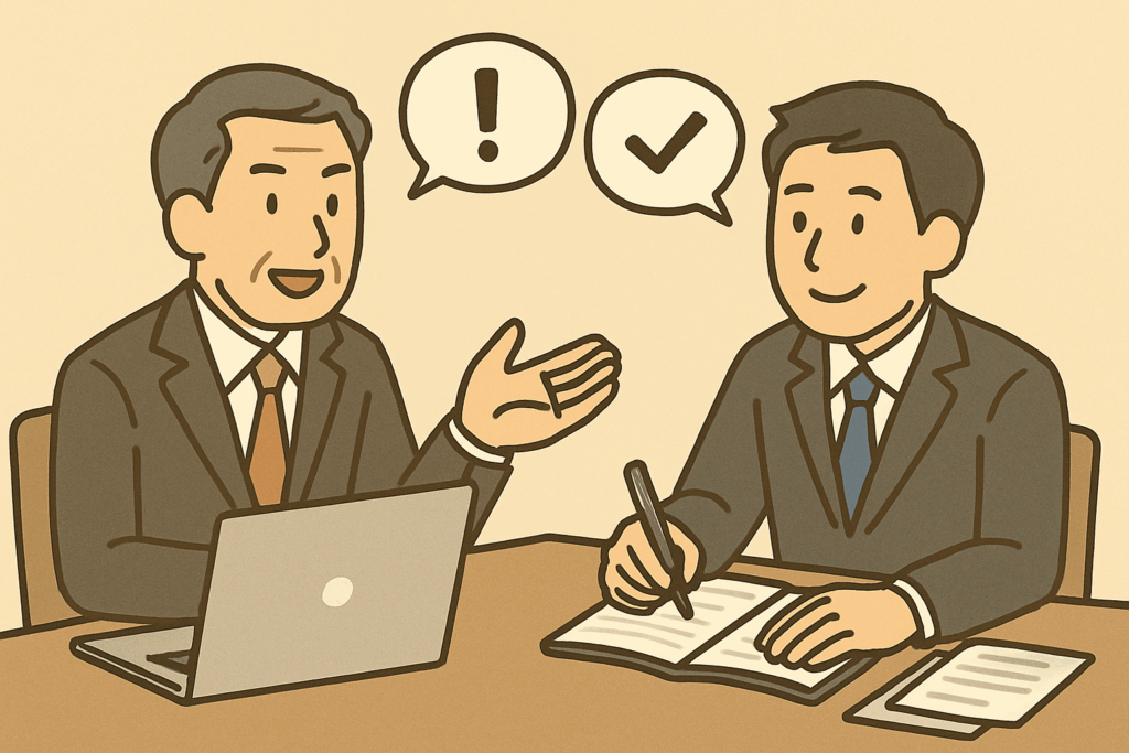 上司と部下が、お互いを尊重し合いながら、建設的かつ穏やかな表情で1on1面談をしている様子のイラスト。背景には明るい窓があり、風通しの良さを感じさせる