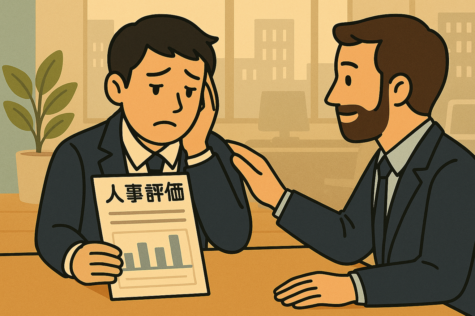 評価シートを前に不安そうな表情を浮かべる人物
